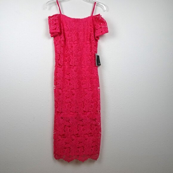 Pink Off the Shoulder Lace Cocktail Dress Women's Size XS Colorful Wedding Guest - Picture 2 of 12